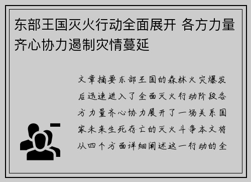 东部王国灭火行动全面展开 各方力量齐心协力遏制灾情蔓延